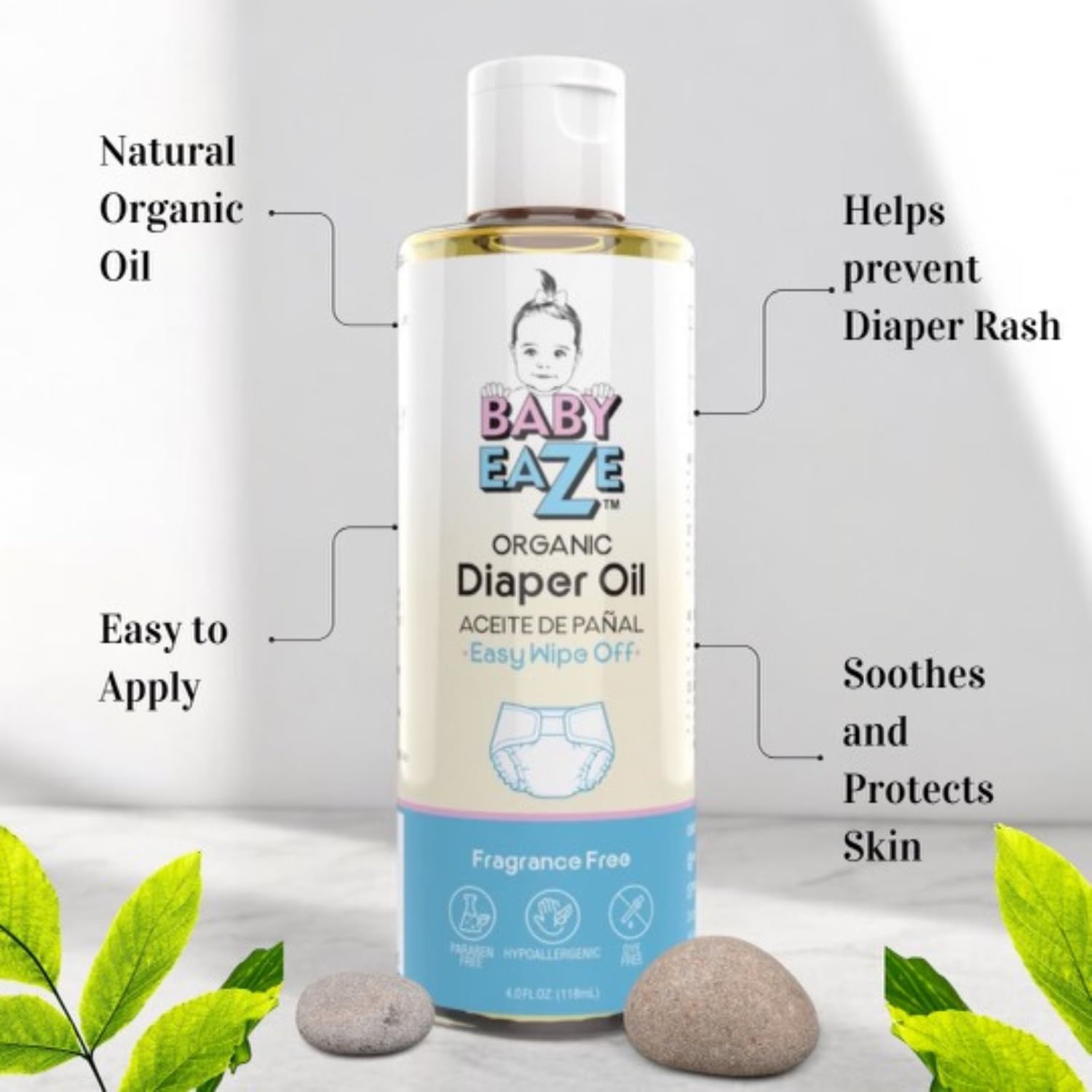 BABYEAZE diaper oil hands-free-application shows mess-free care during diapering.