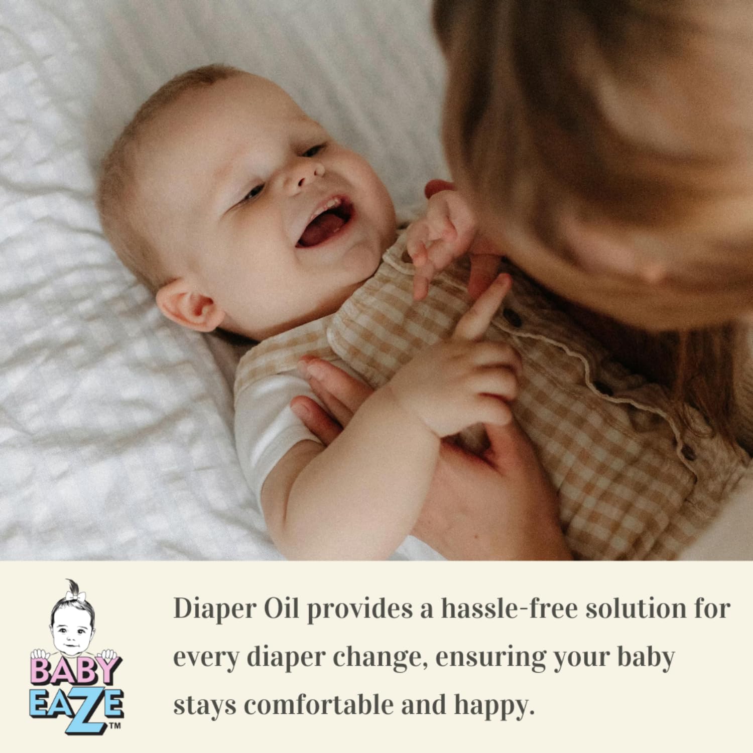 BABYEAZE diaper oil-mess-free-application demonstrates quick changes with less rubbing.