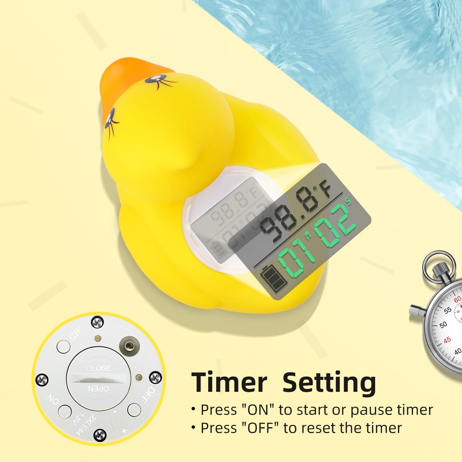BabyElf bath thermometer timer shows how long your baby has been in the tub.