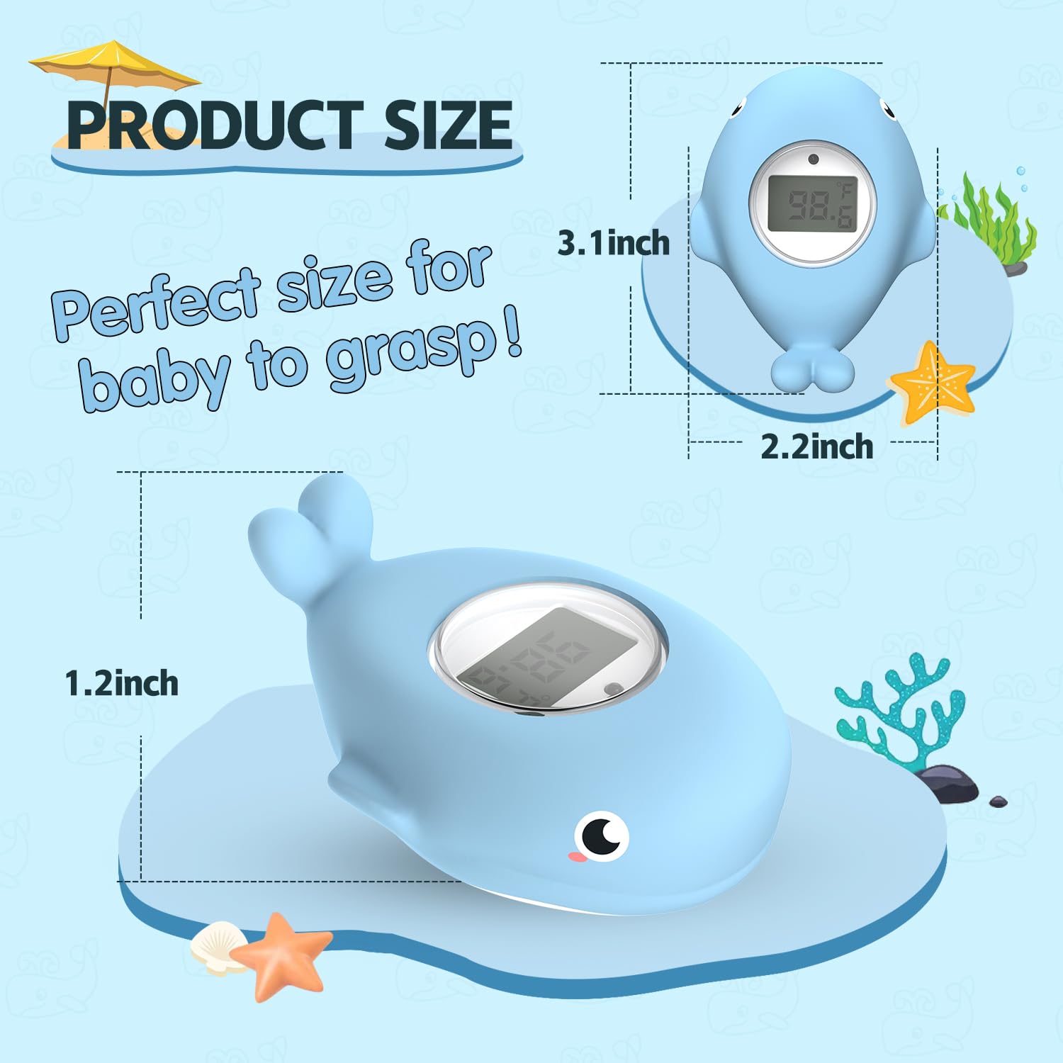 BabyElf thermometer with LED display lights up hot or cold, guiding comfortable bath temps.