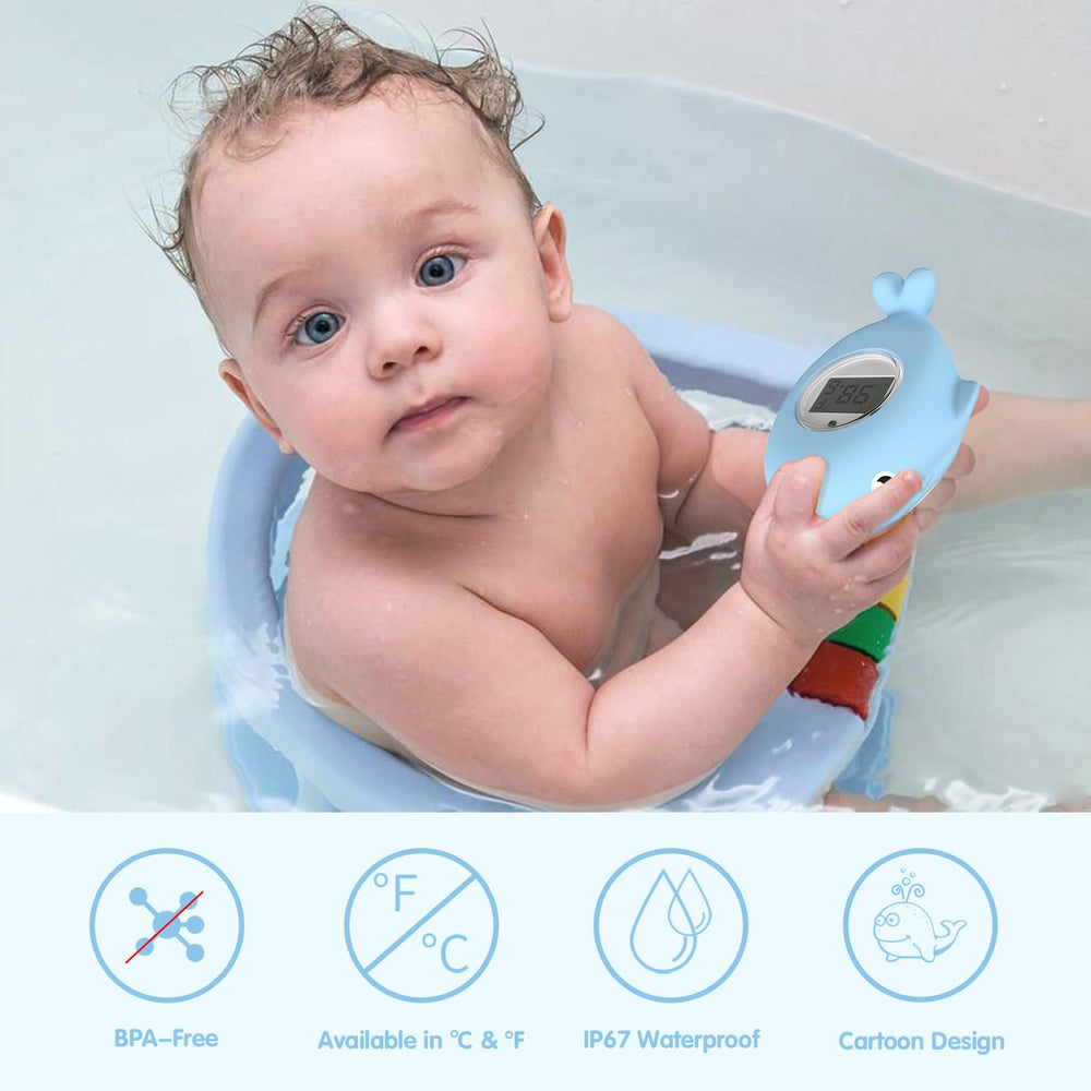BabyElf digital thermometer switches between °F and °C for quick bath readings.