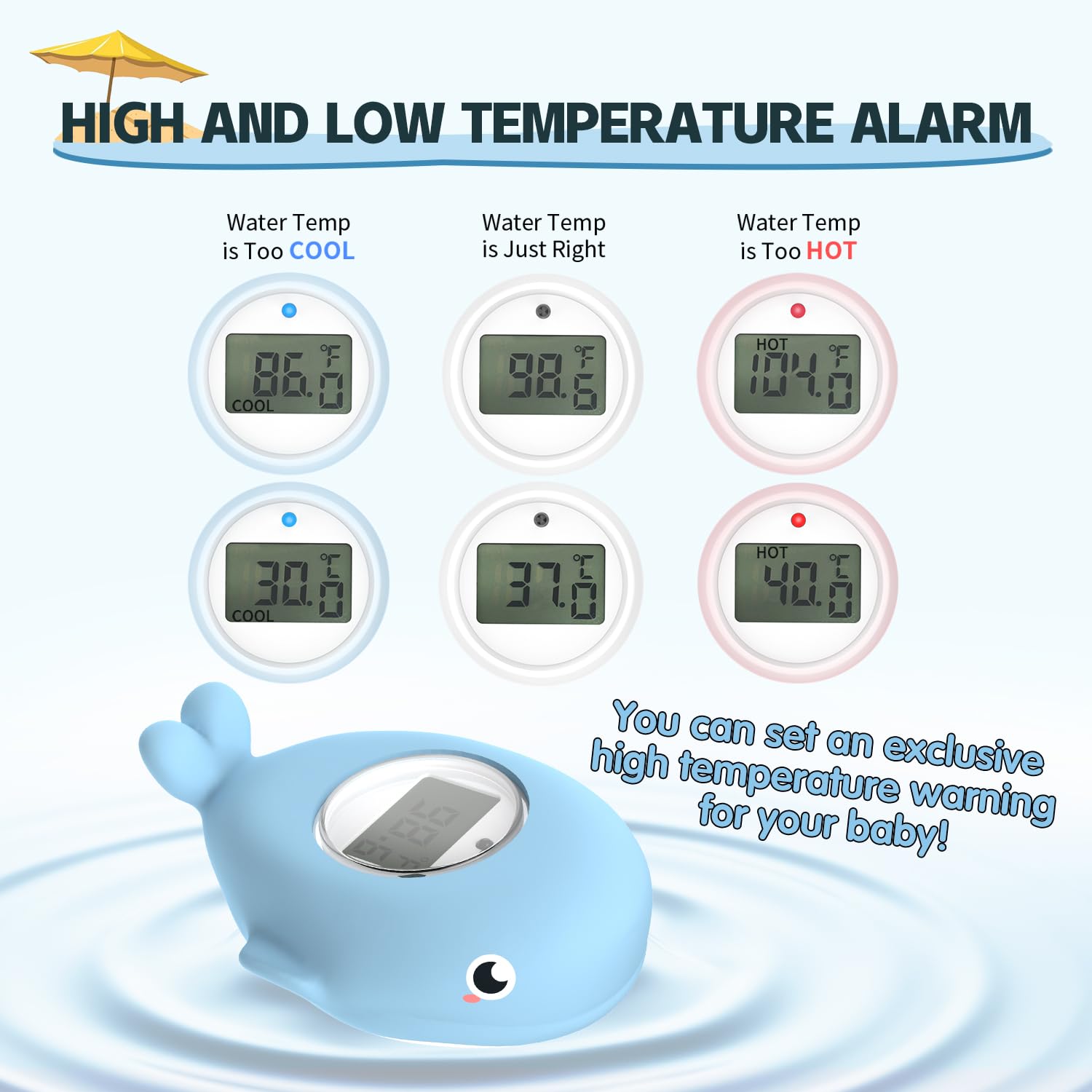 BabyElf waterproof, smooth-surfaced thermometer floats safely during tub or pool play.