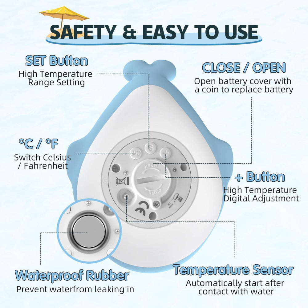 BabyElf bath thermometer features a green safe-light when temperature is ideal.