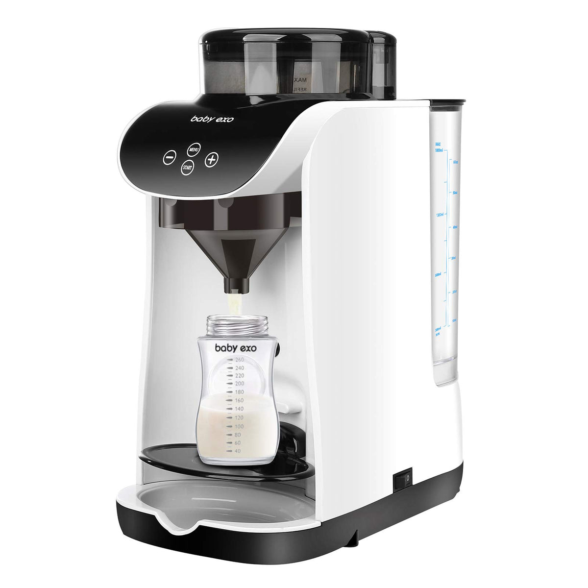 BabyExo formula milk dispenser front view shows compact kitchen-friendly design for daily use