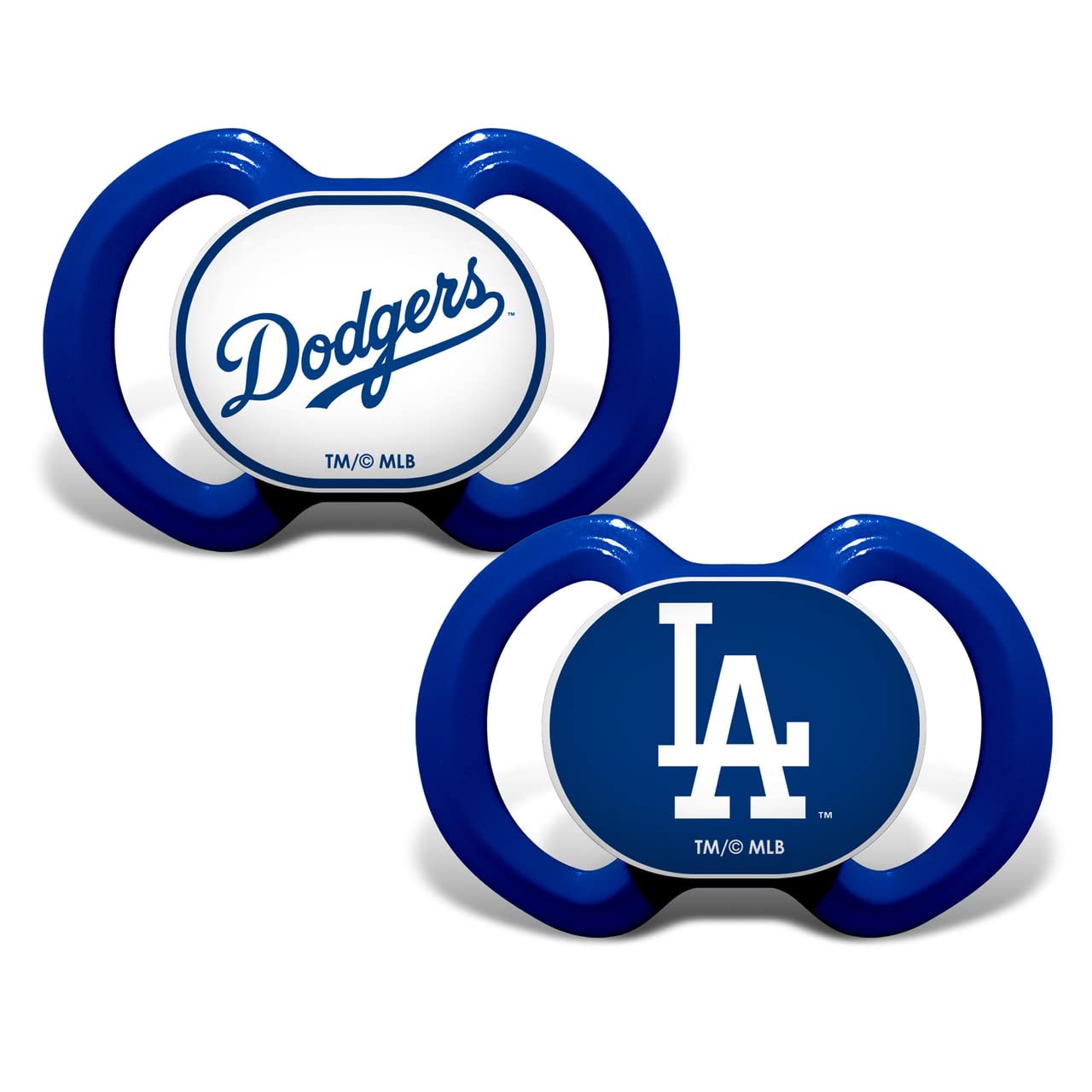 Baby Fanatic Dodgers pacifier logo highlights official team branding for soothing baby comfort.