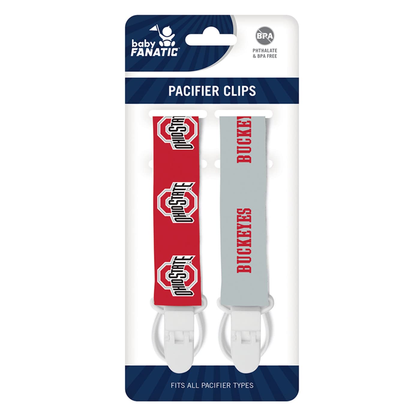 Baby Fanatic Buckeyes pacifier clip with double-sided logos and embroidered felt detail