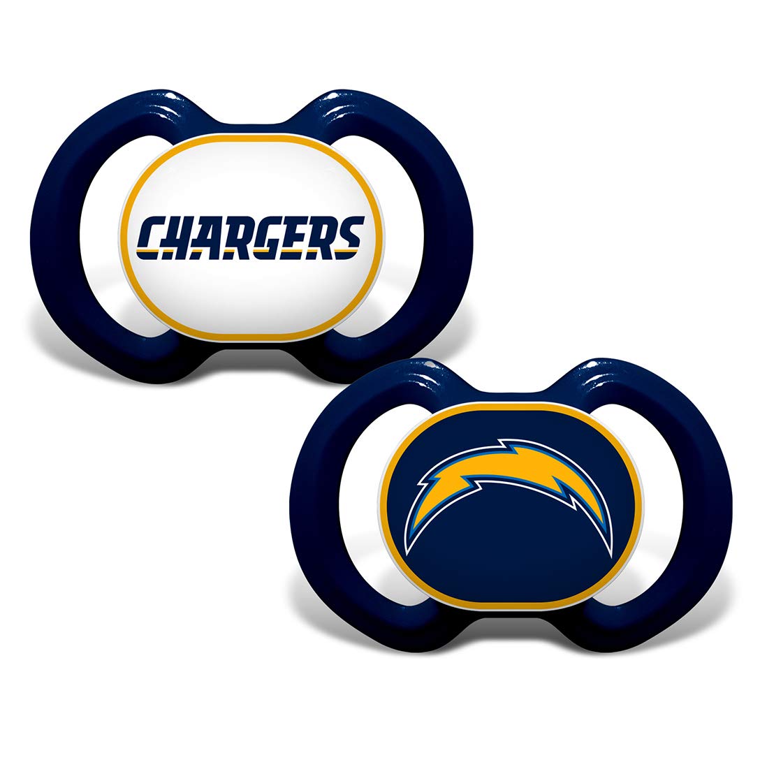 Baby Fanatic pacifier 2-pack Los Angeles Chargers packaging shows licensed gear for fans.