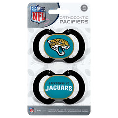 Baby Fanatic pacifier 2-pack shield-color highlights Jaguars shield for team-spirited comfort.