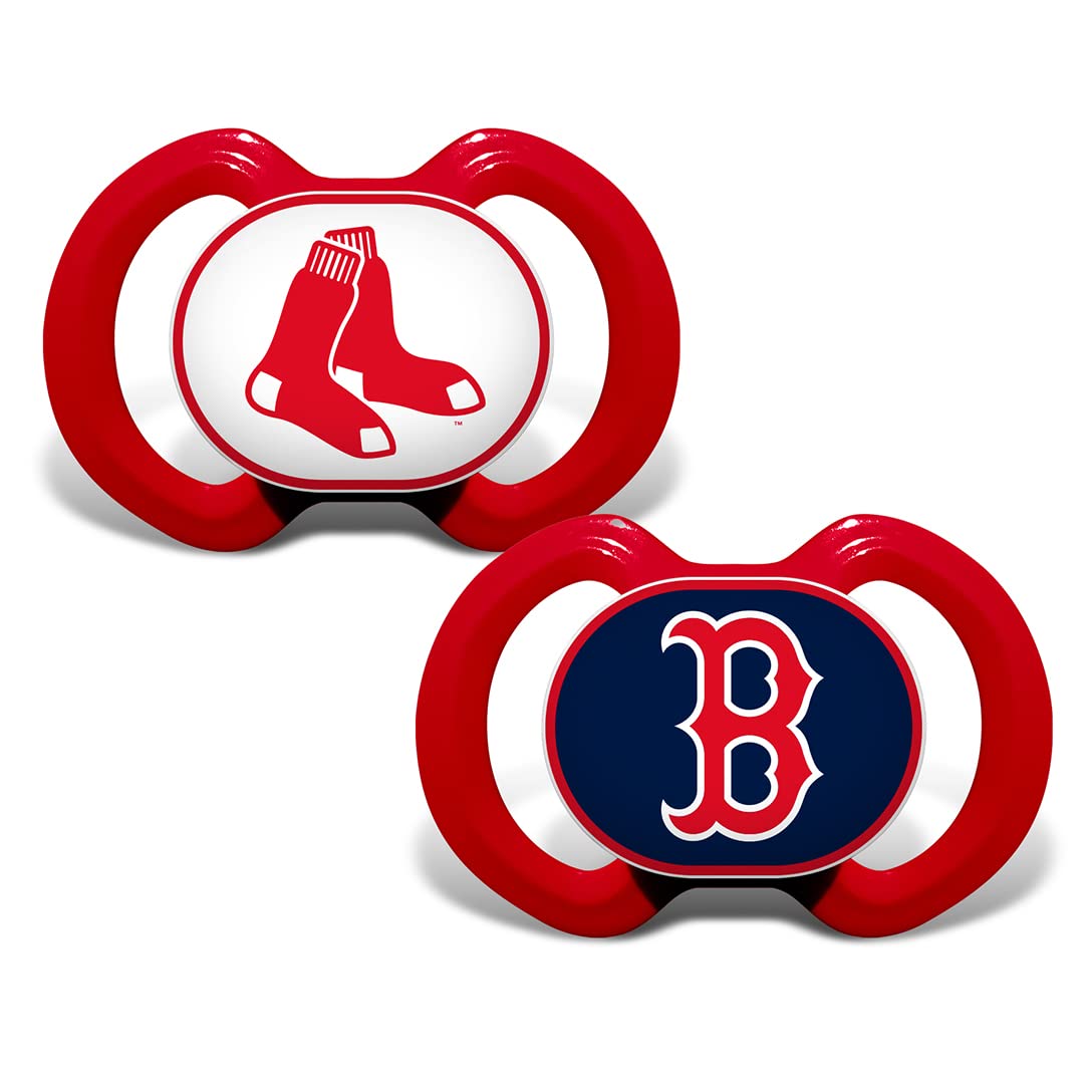 Baby Fanatic pacifier 2-pack with Red Sox logo soothes babies during outings