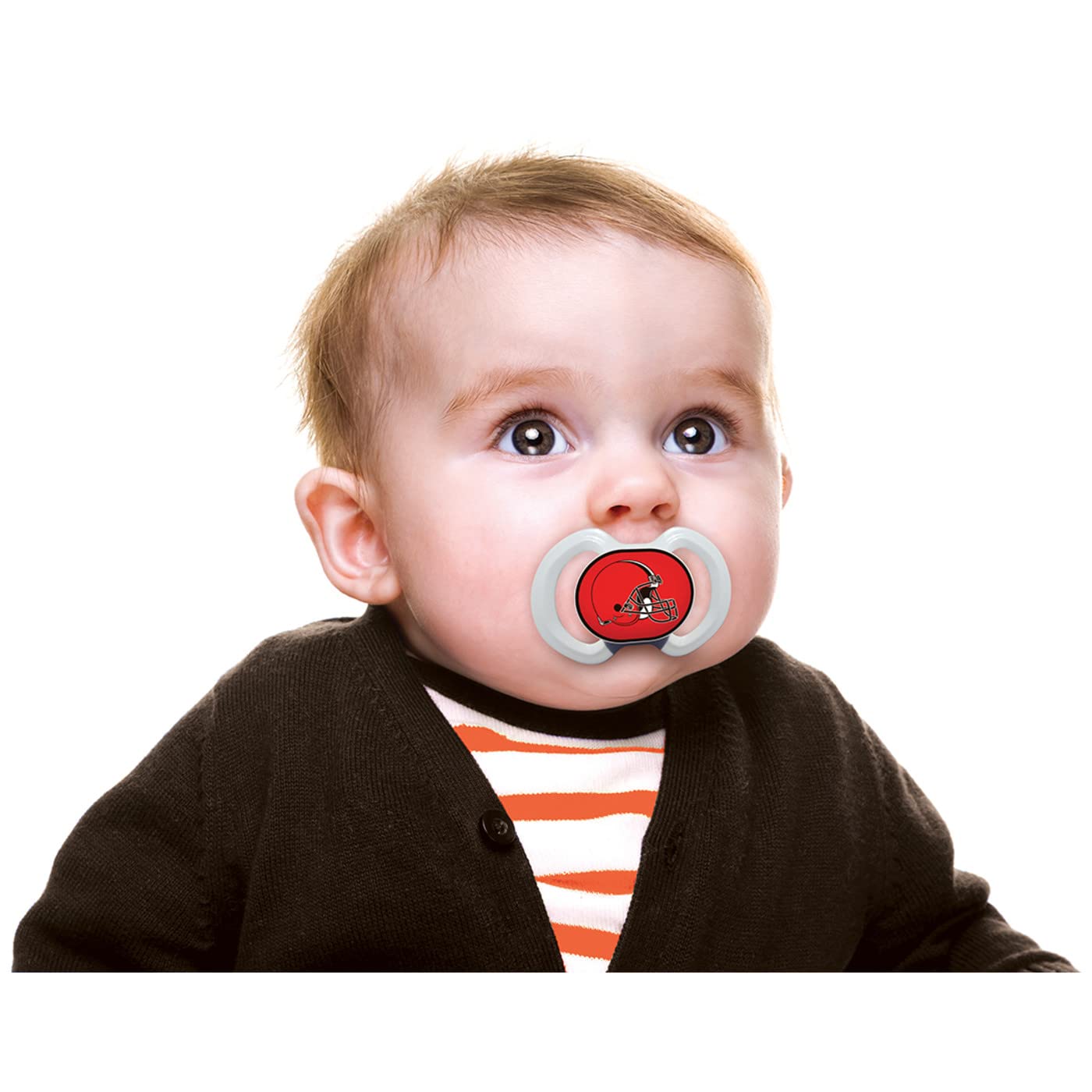 BabyFanatic pacifier-browns-shield displays official NFL branding with safe, BPA-free design.