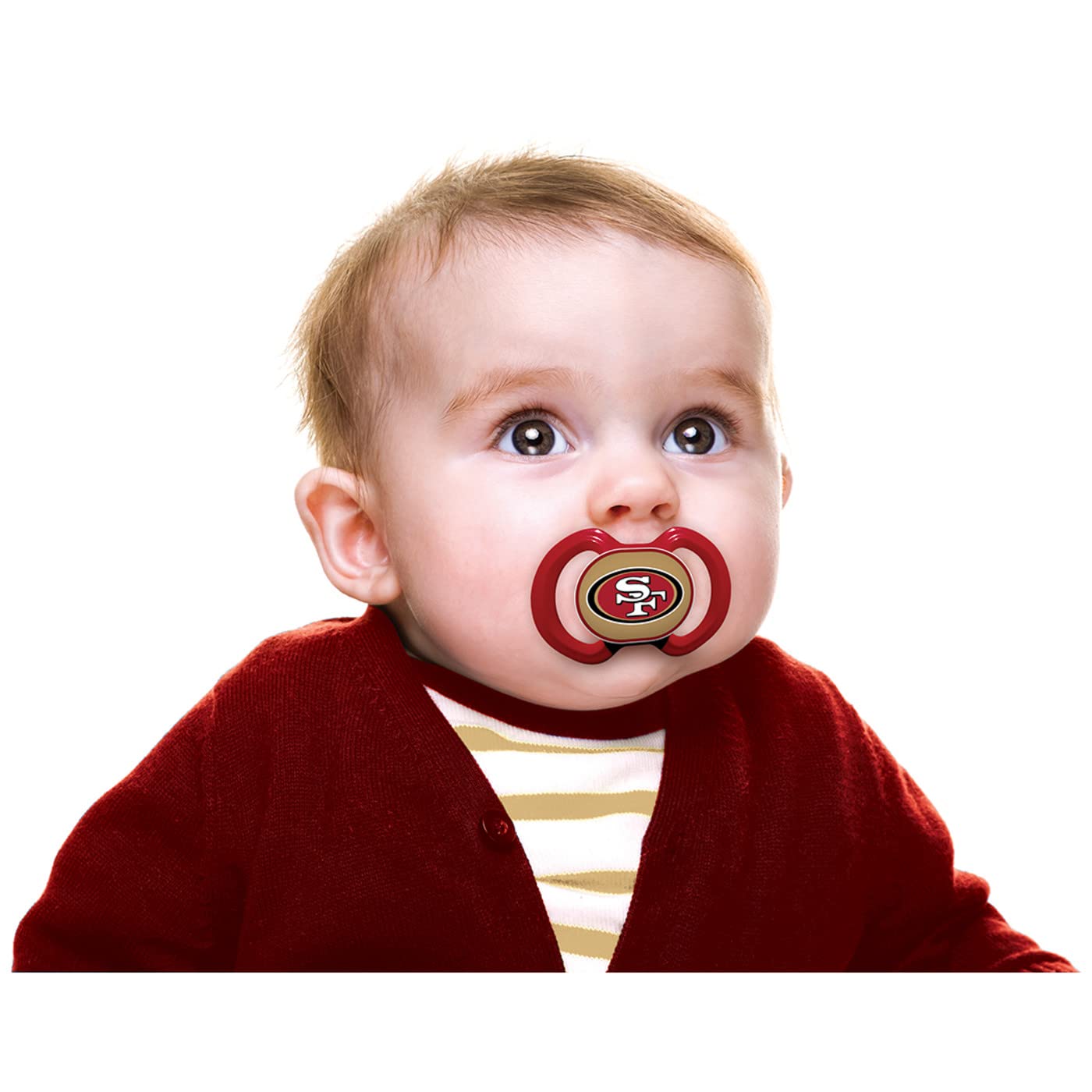 Baby Fanatic pacifier shield in team colors showing San Francisco 49ers branding.