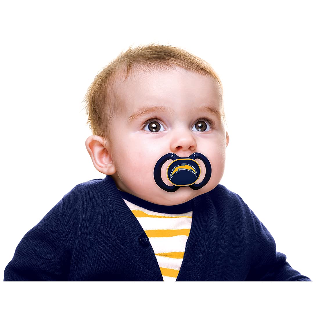 Baby Fanatic pacifier shield in Chargers colors highlights durable shield for long-lasting comfort.