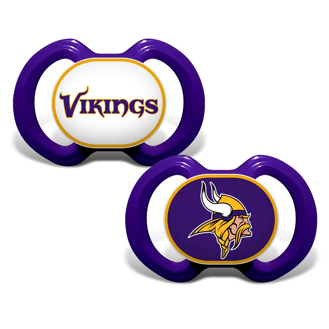 Baby Fanatic pacifier Vikings button displays logo for stylish game-day flair.