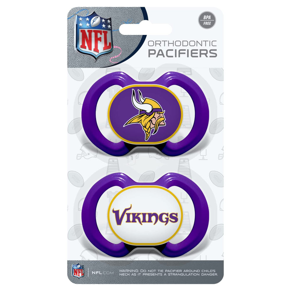 Baby Fanatic pacifier Vikings shield shows team colors for recognizable fan pride.