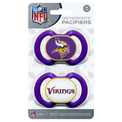Baby Fanatic pacifier Vikings shield shows team colors for recognizable fan pride.