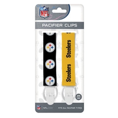 Baby Fanatic Pittsburgh Steelers pacifier clip embroidery detail highlights premium finish and durability.
