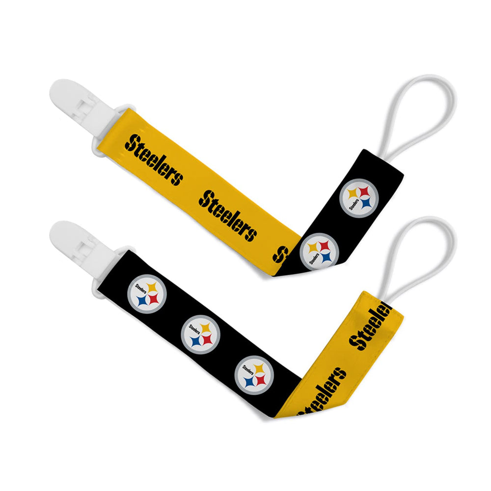 Baby Fanatic Pittsburgh Steelers pacifier clip logo side showcases two-sided team colors for on-the-go fans.