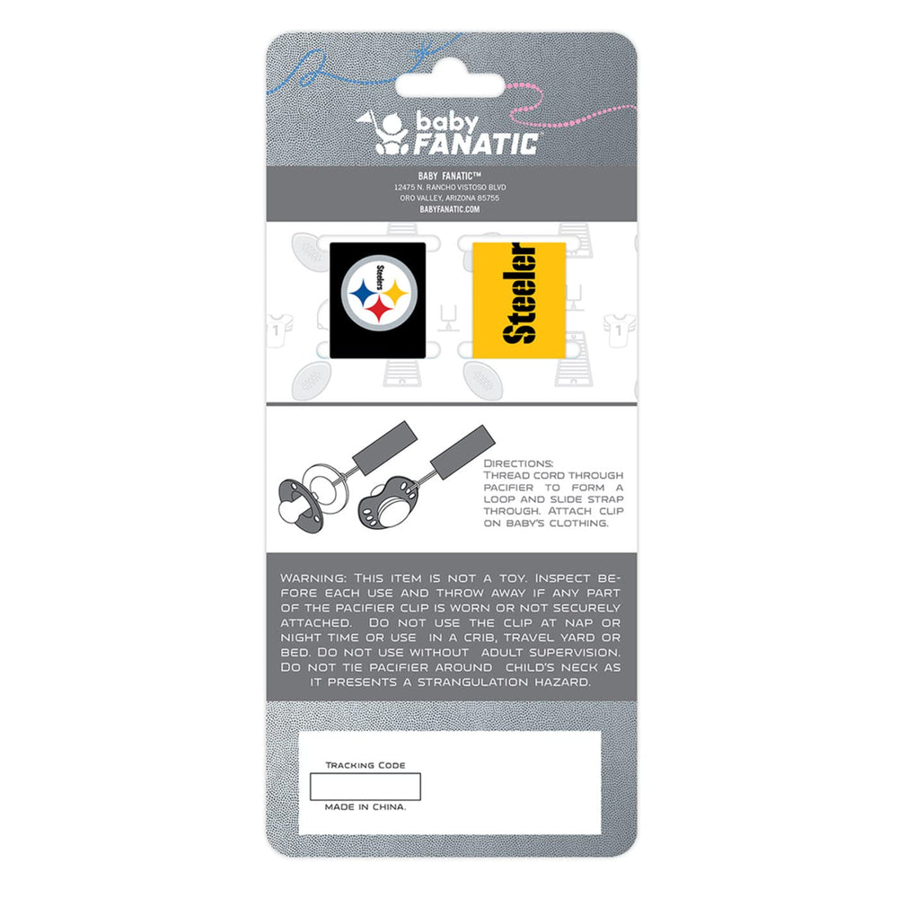 Baby Fanatic Pittsburgh Steelers pacifier clip universal fit works with most pacifiers.