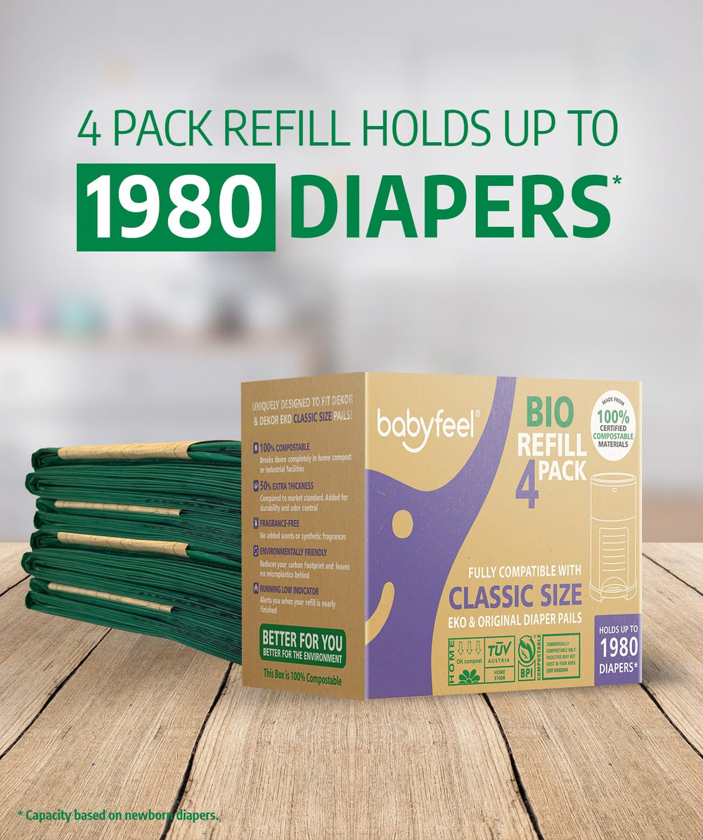 Babyfeel BIO refills fit DEKOR Classic pails, ensuring a snug, hassle-free compatibility.