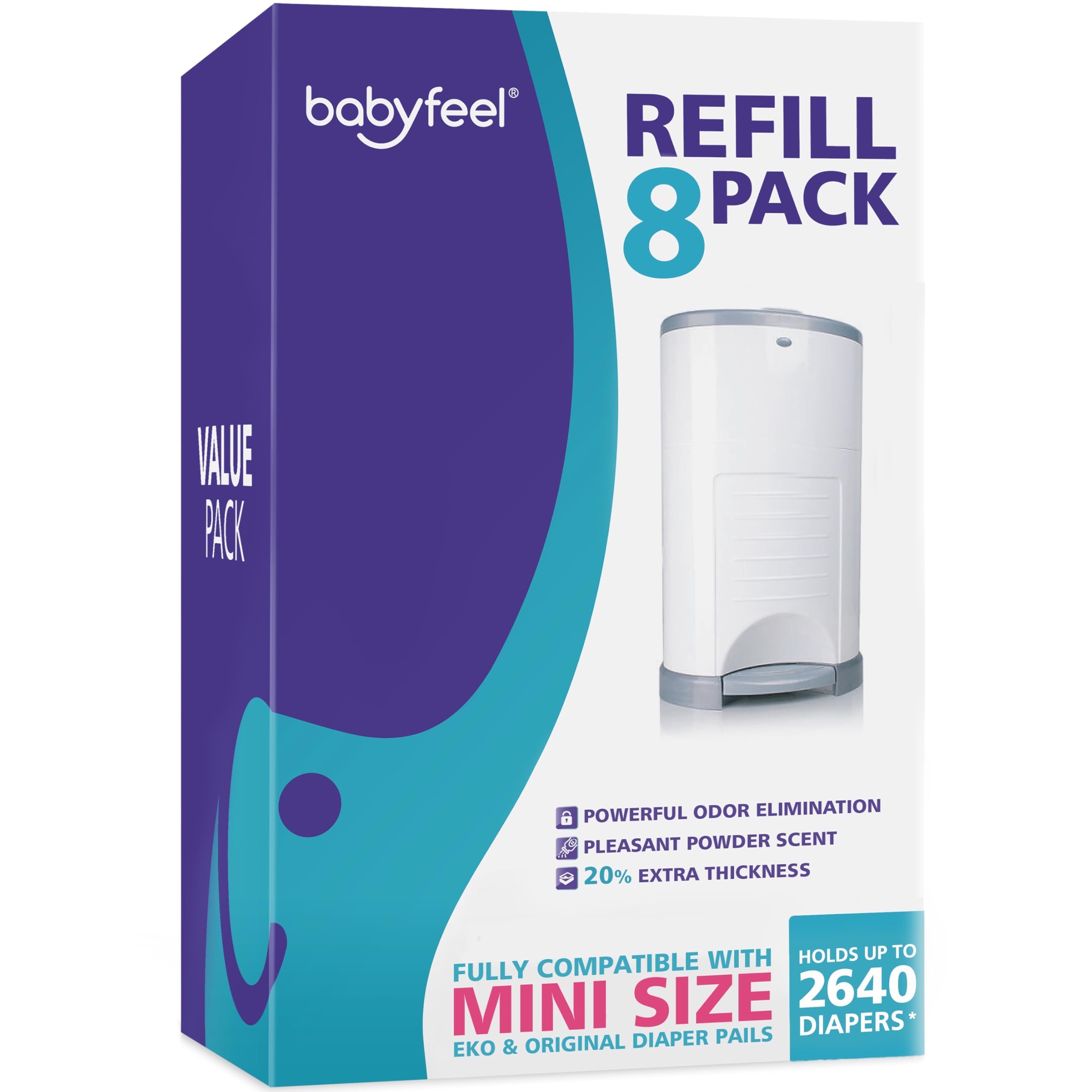 Babyfeel Dekor Mini refill 8-pack ready for long-lasting diaper disposal.