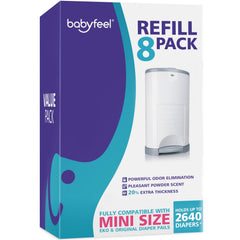 Babyfeel Dekor Mini refill 8-pack ready for long-lasting diaper disposal.