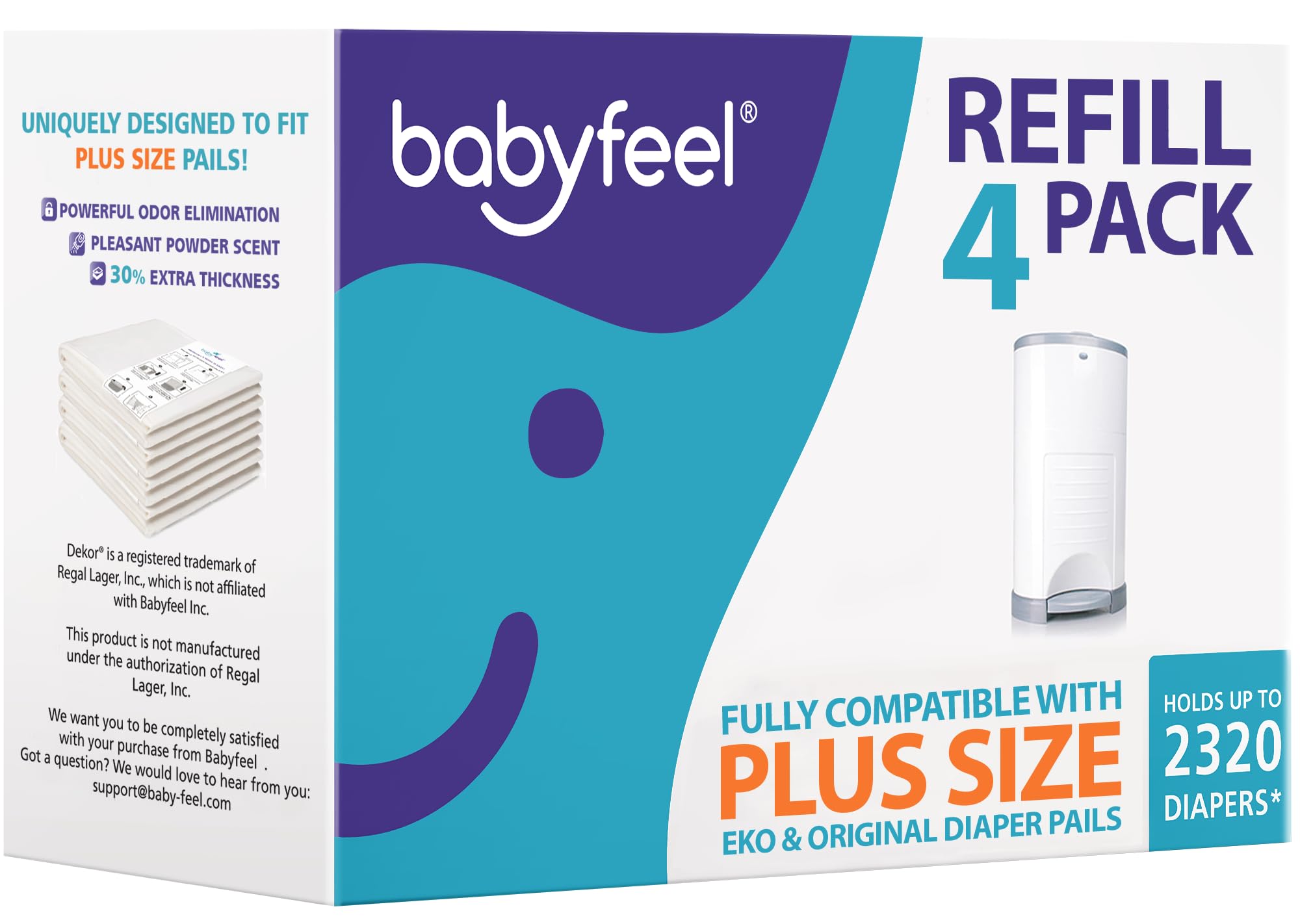 Babyfeel DEKOR Plus refills shown as a 4-pack for quick, clean diaper changes.