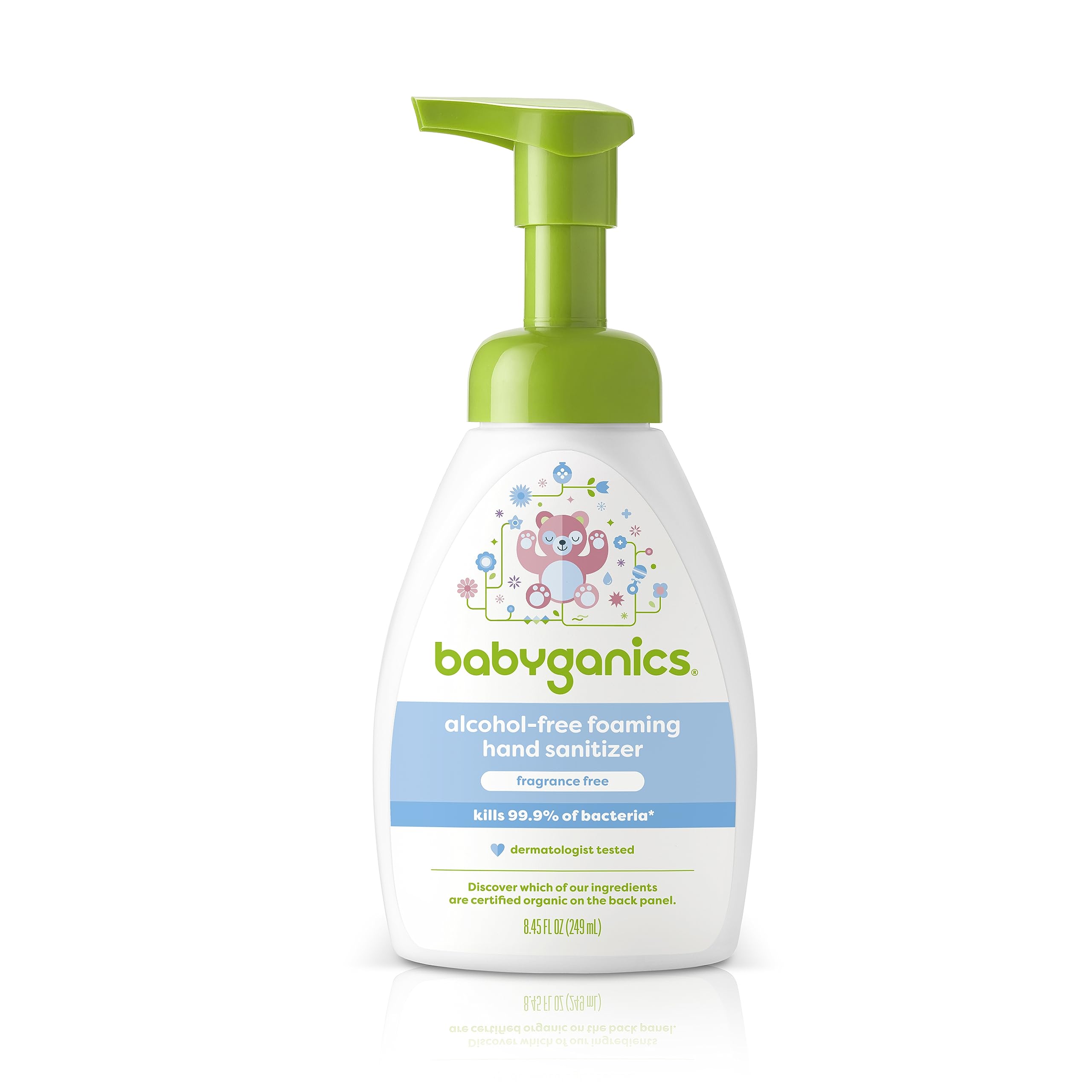 BabyGanics alcohol-free foaming hand sanitizer in pump bottle for on-the-go germ defense.