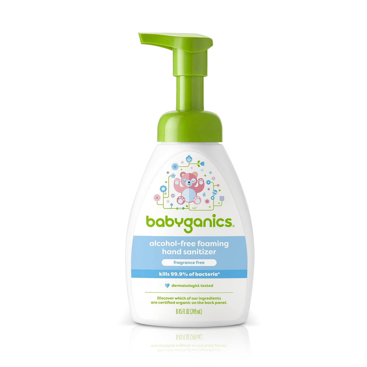 BabyGanics alcohol-free foaming hand sanitizer in pump bottle for on-the-go germ defense.