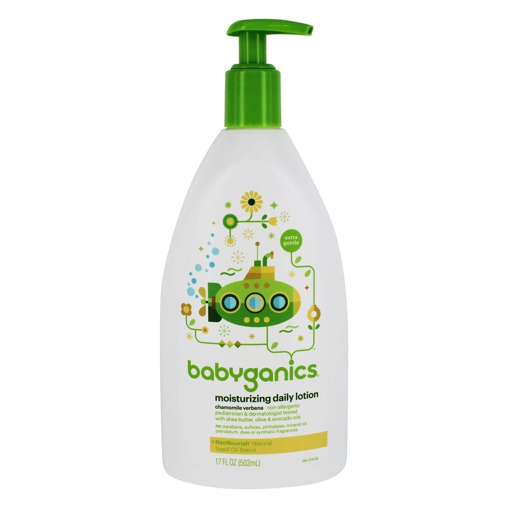 BabyGanics lotion bottle with Chamomile Verbena fragrance for gentle daily moisture