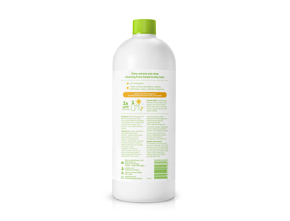 Babyganics foaming shampoo being poured to show rich lather for quick baths