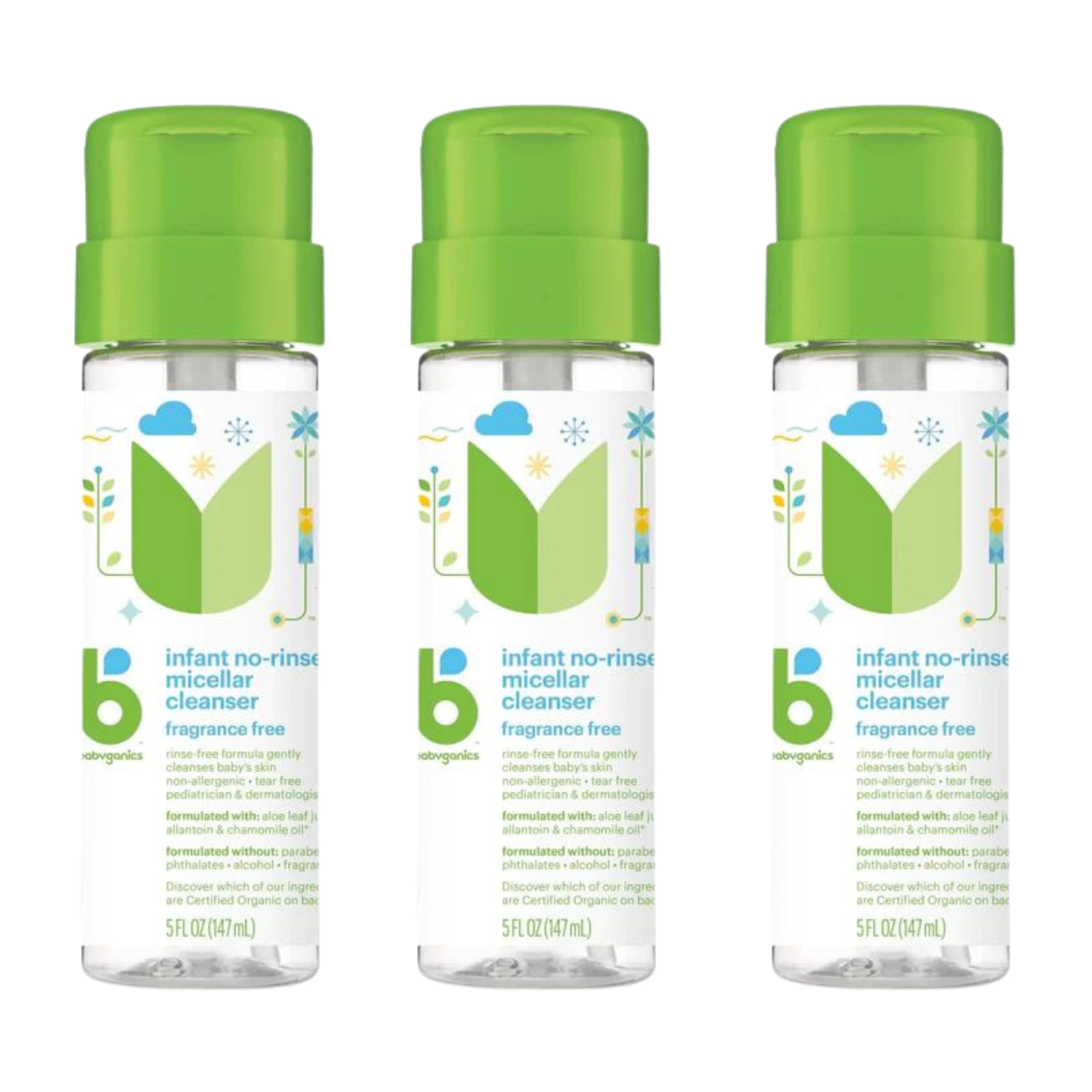BabyGanics Infant No-Rinse Micellar Cleanser bottle for gentle, tear-free skin cleansing.