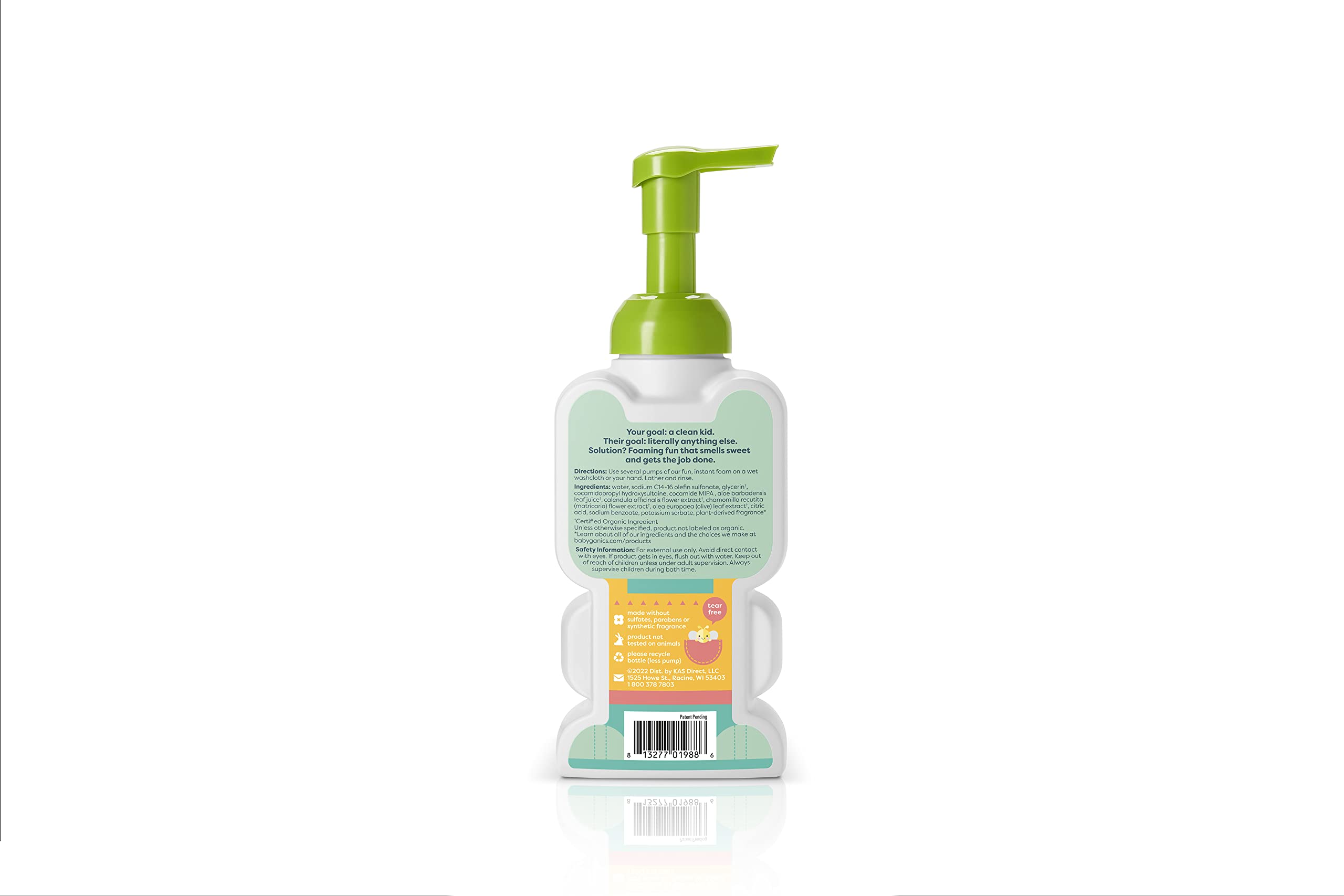 Babyganics KidsFoaming Body Wash Cupcake foam-dispense highlights quick tear-free cleansing