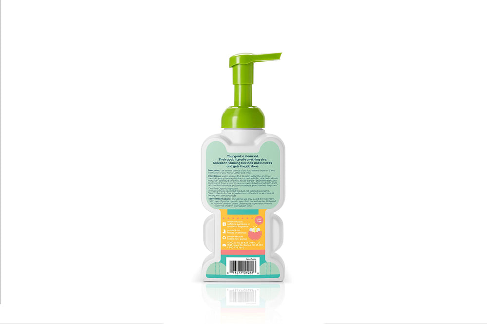 Babyganics KidsFoaming Body Wash Cupcake foam-dispense highlights quick tear-free cleansing