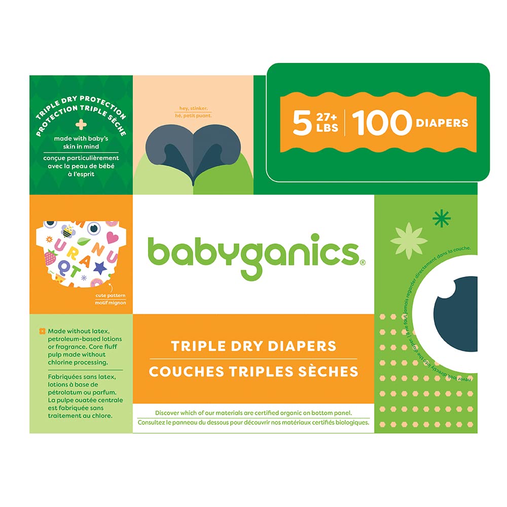 Babyganics size 5 diaper pack showing triple dry protection for dry, comfortable wear (visual focus: triple dry protection).