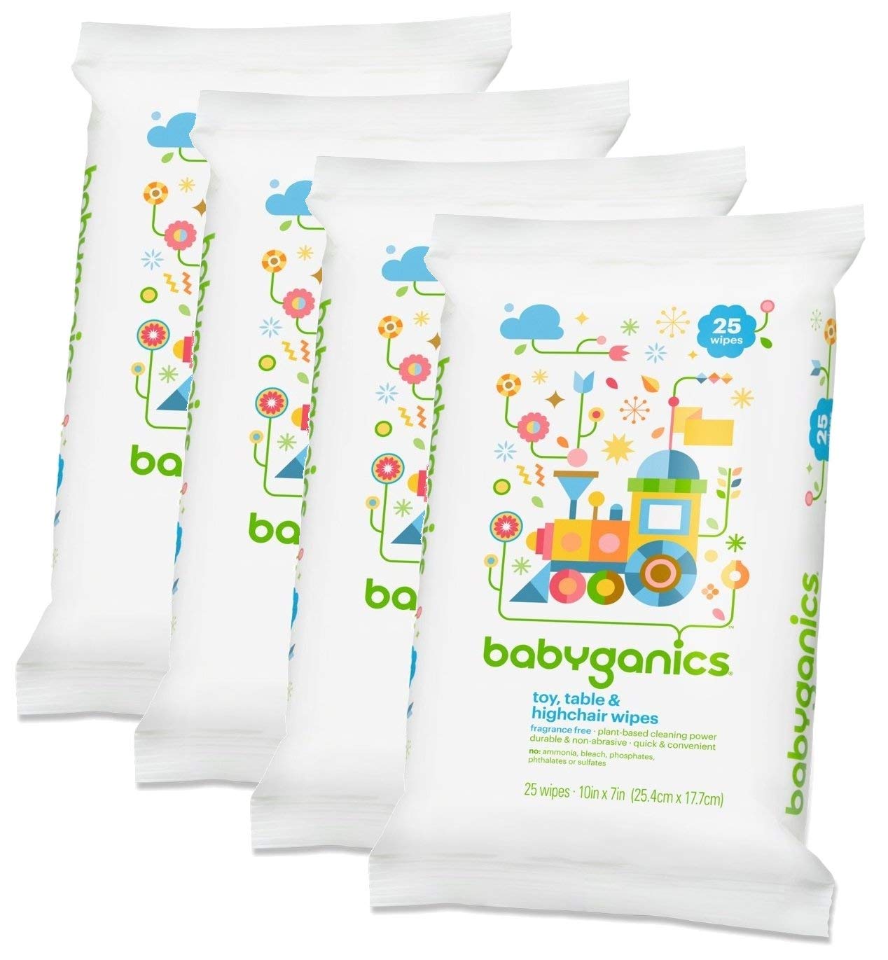 Babyganics toy-table-highchair wipes packaging shows four-pack gentle surface cleaning for baby gear.