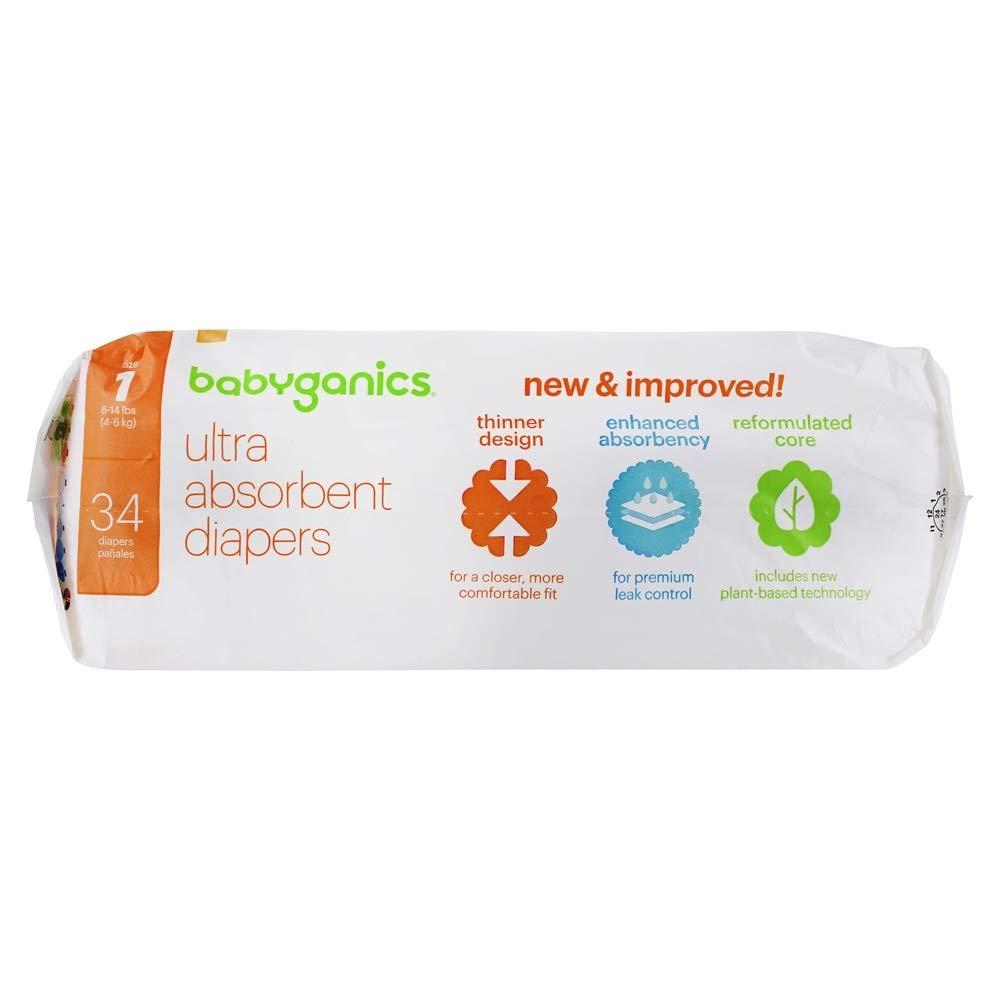 BabyGanics Ultra Absorbent Stage 1 diapers infant-wear closeup shows skin-friendly softness.