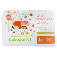BabyGanics Ultra Absorbent Stage 1 diapers packaging highlights convenient disposal.