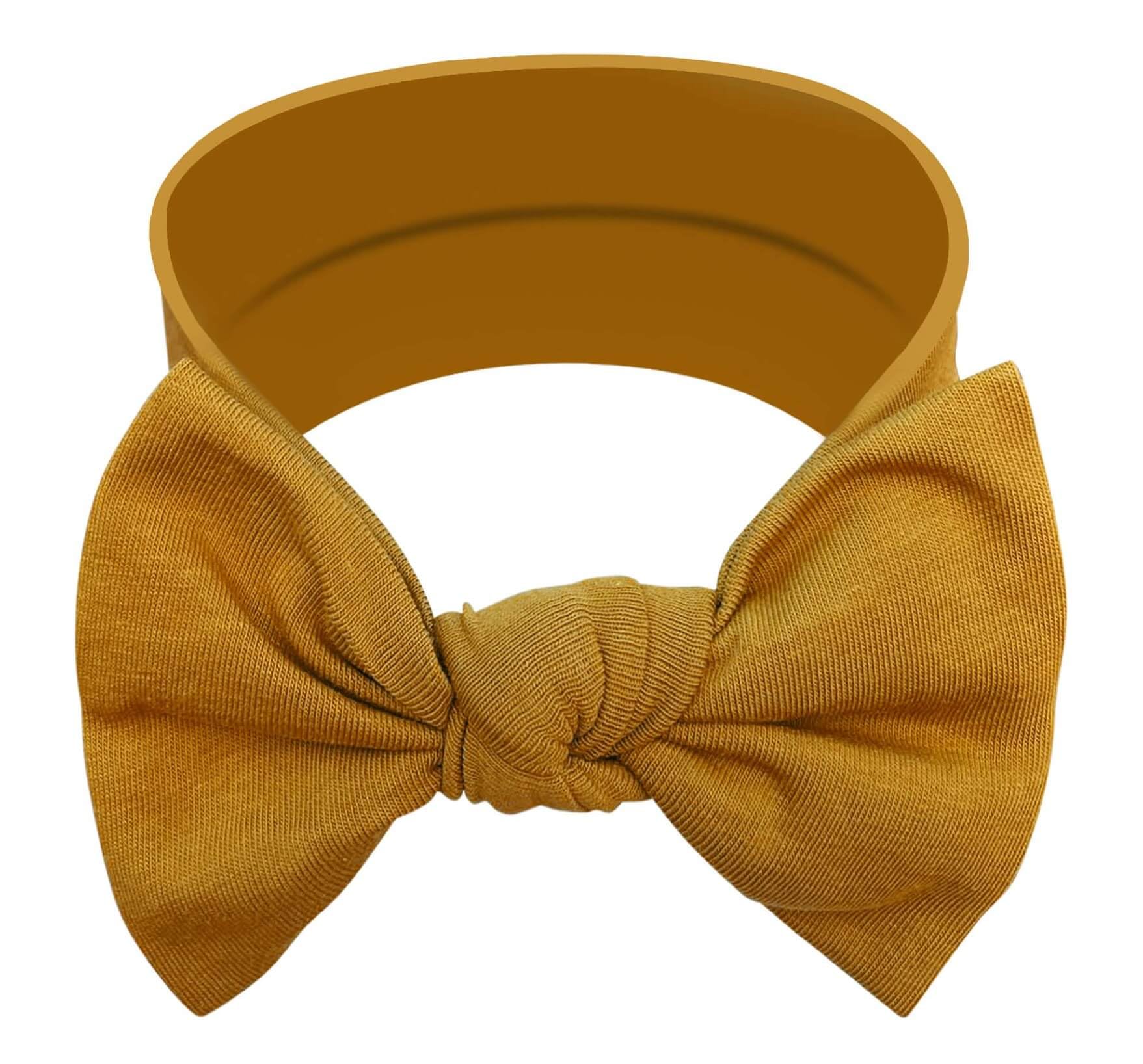 BABYGIZ baby girl headband bow goldenrod closeup showing soft cotton comfort.