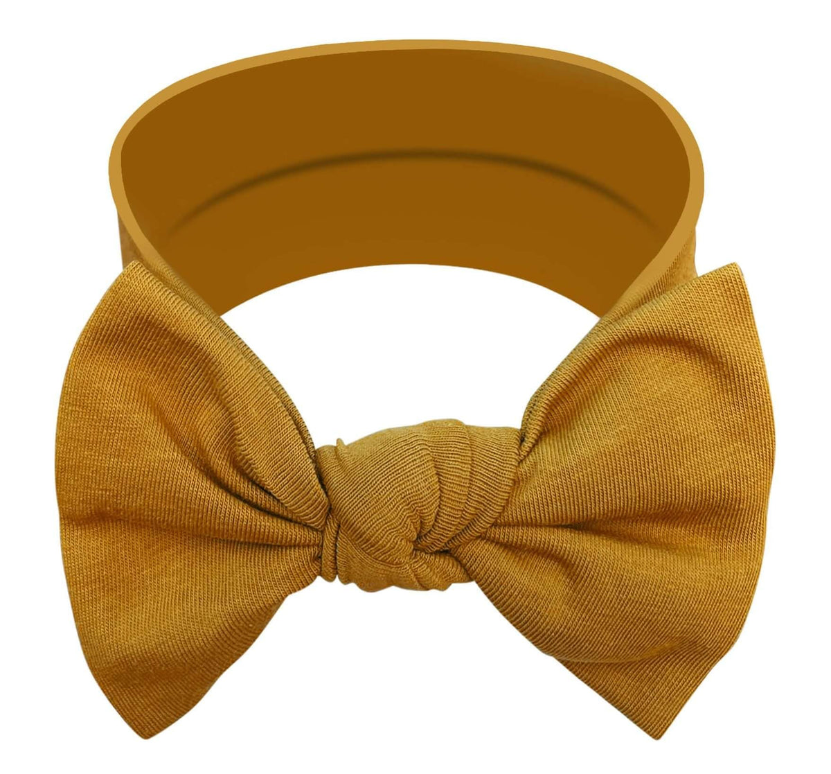 BABYGIZ baby girl headband bow goldenrod closeup showing soft cotton comfort.