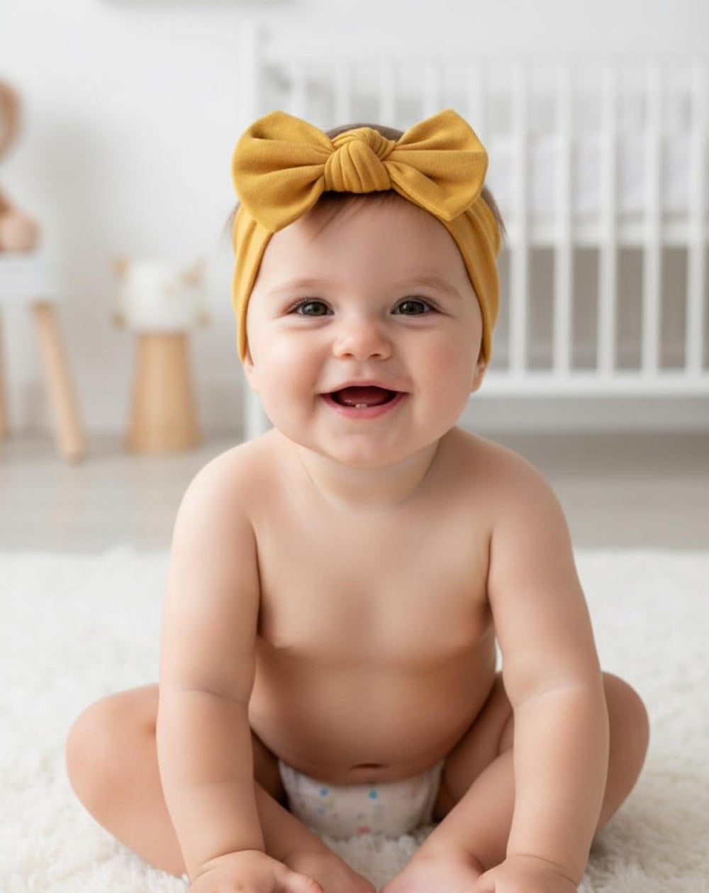 Babygiz handmade turkey headband mustard shows craftsmanship and skin-friendly stretch.