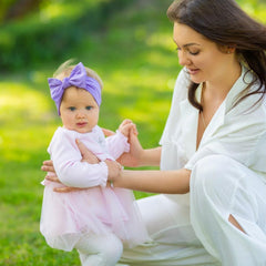 Babygiz handmade Turkish headband adds lavender color to outfits.