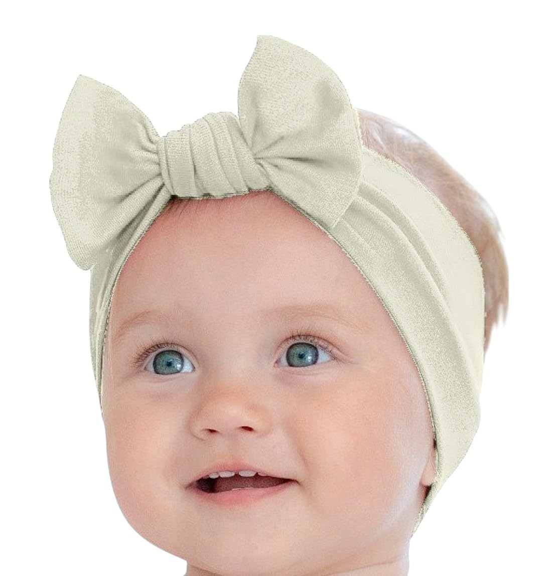 BABYGIZ headband light beige bow closeup shows soft cotton and fine craftsmanship.
