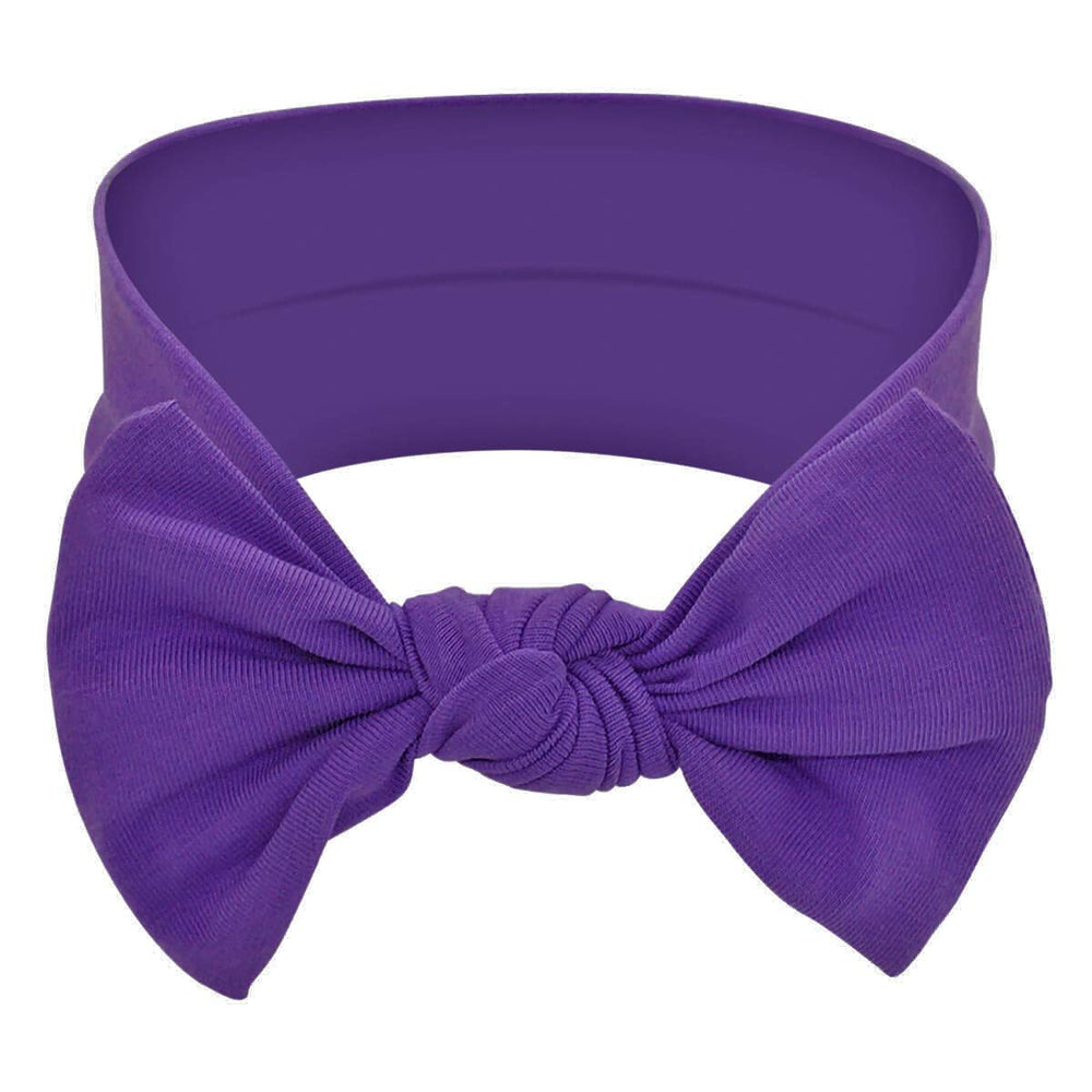 Babygiz purple bow headband closeup—soft cotton comfort for delicate baby skin.
