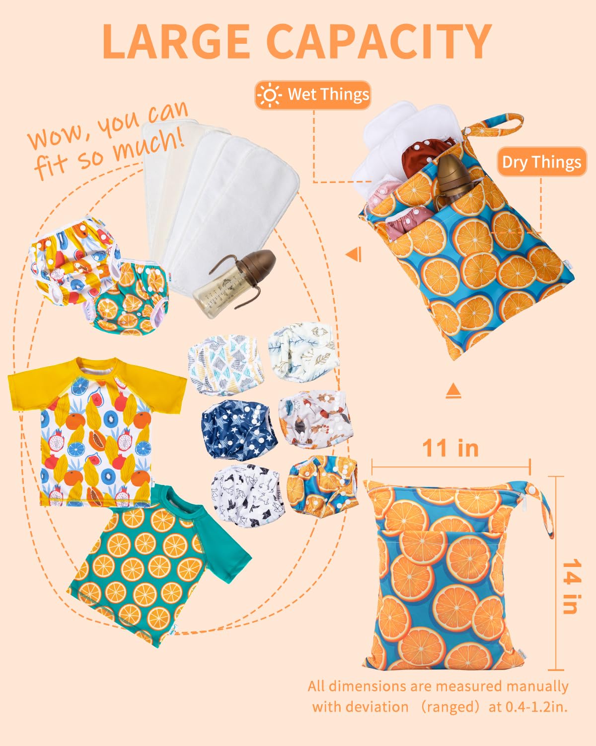 Babygoal 11.8 by 14.2 inch size shown for cloth diapers and swimsuits