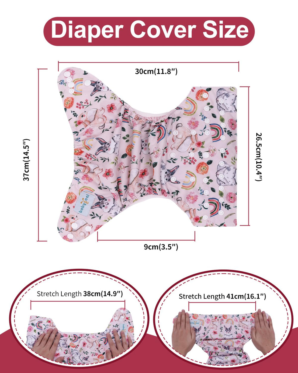 babygoal adjustable snaps highlight customizable fit for S-M-L sizing.