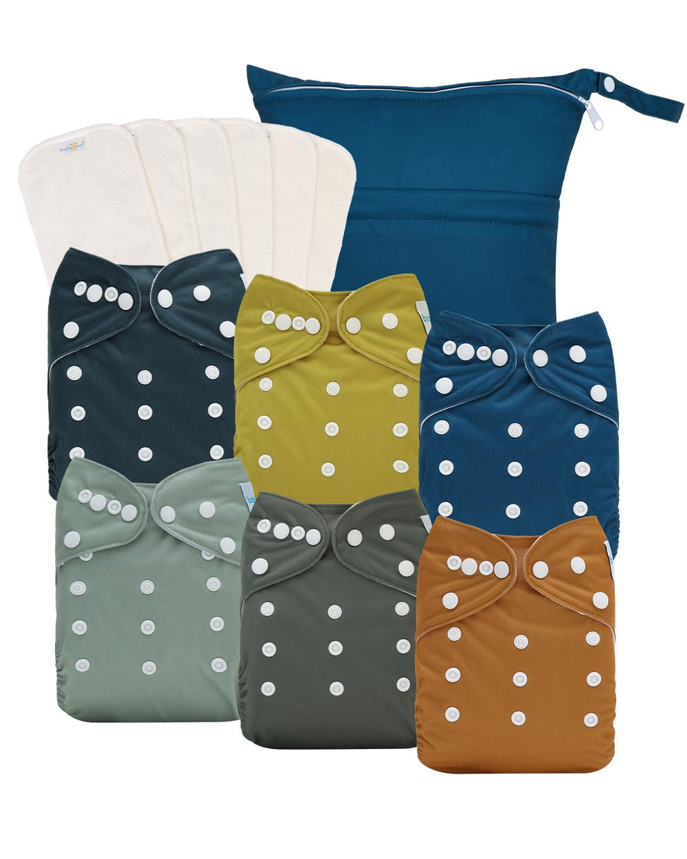 Babygoal reusable diapers pack front view shows six neutral covers for eco-friendly wardrobe.