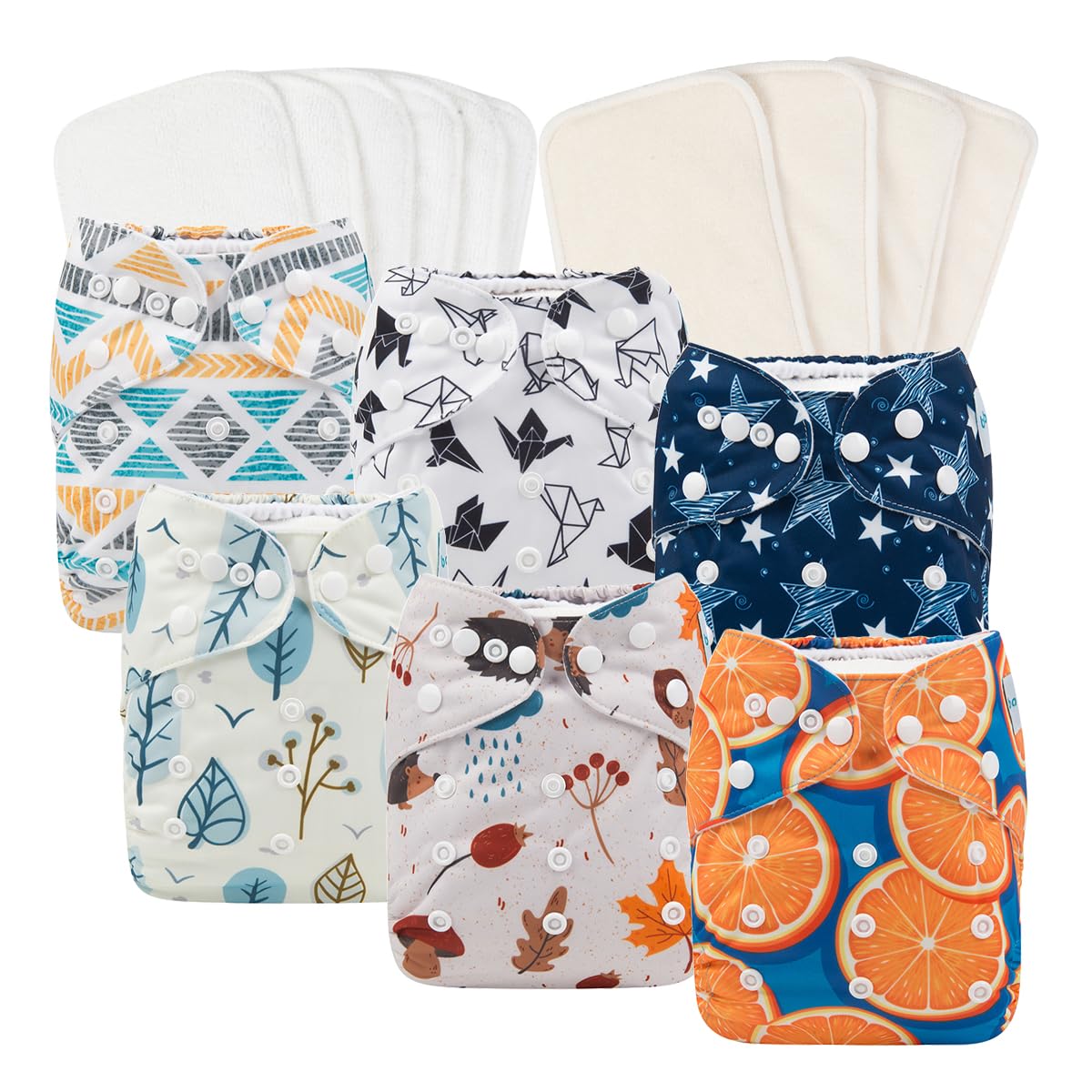 Babygoal reusable cloth diapers 6-pack with adjustable snaps for growing babies.