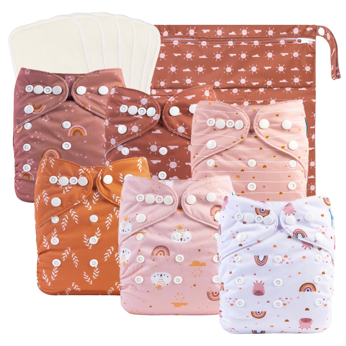 babygoal babycloth diapers 6-pack laid out for reuse and easy kit organization.