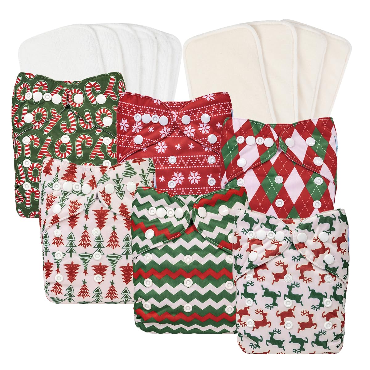 Babygoal Christmas cloth diaper 6-pack cover shows adjustable fit across sizes