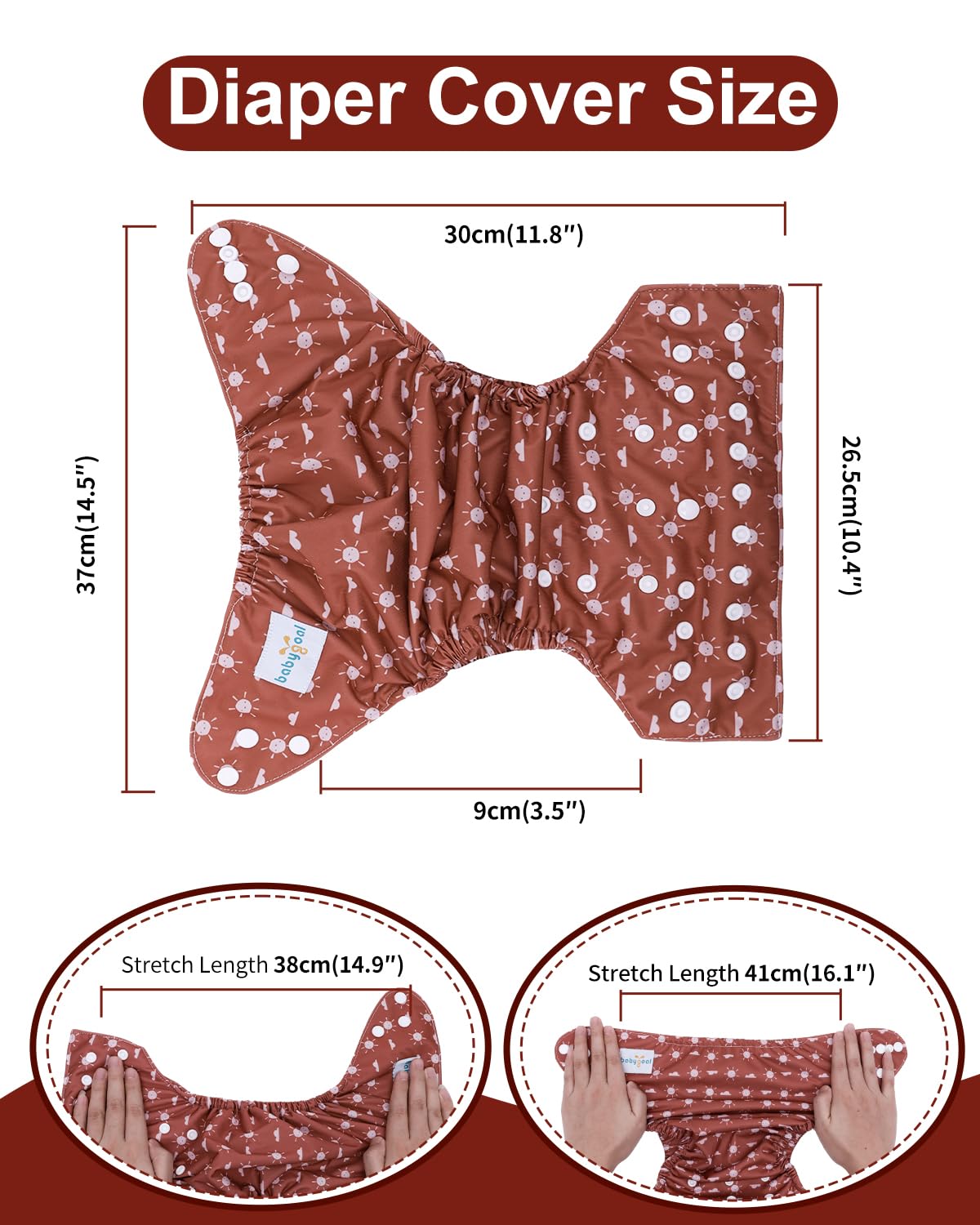 Babygoal cloth diaper covers adjustable snaps close-up shows easy size changes for 7-33 pounds.